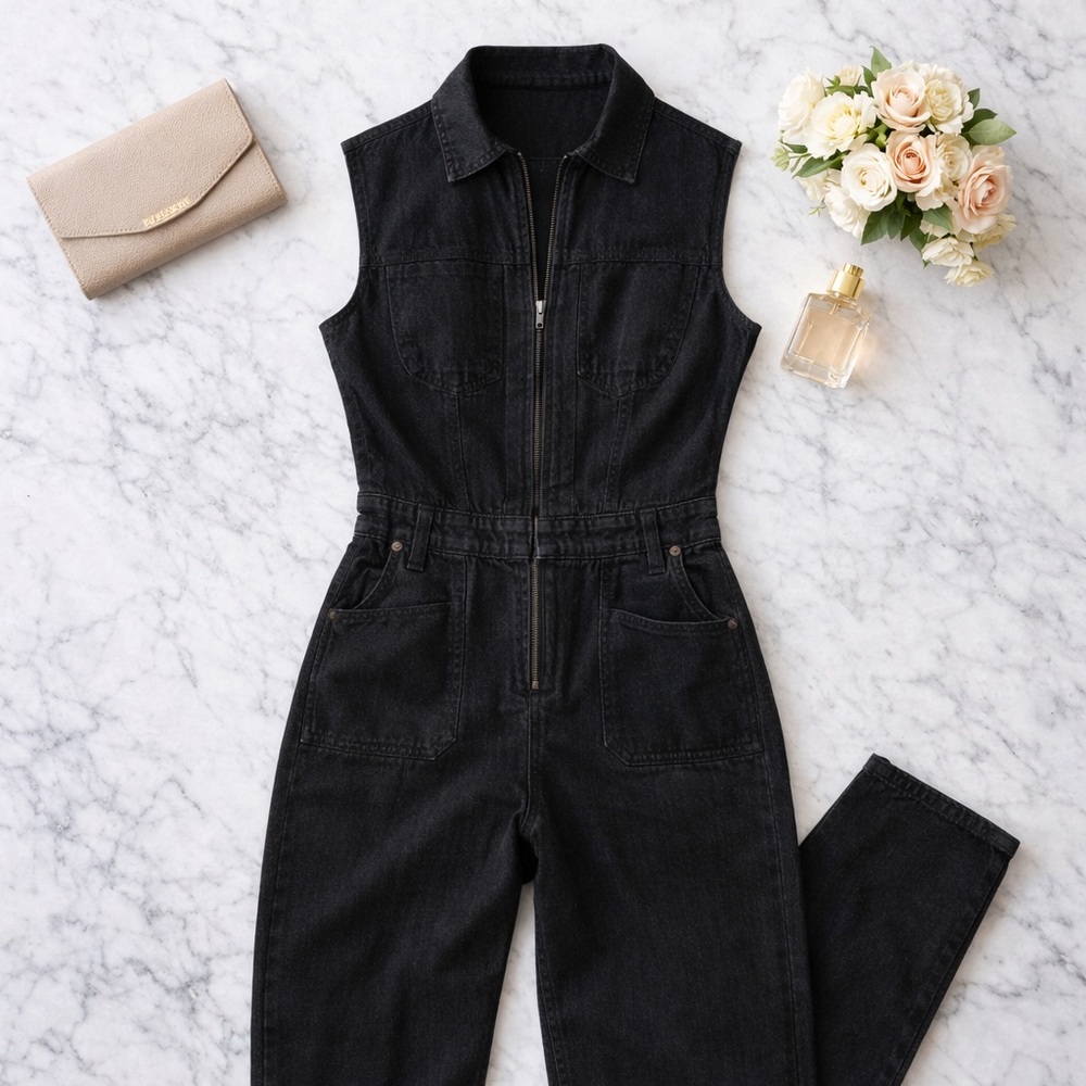 NWT Universal Thread Sleeveless Denim Jumpsuit Zip Front Coveralls Size 2 Black - Picture 13 of 14